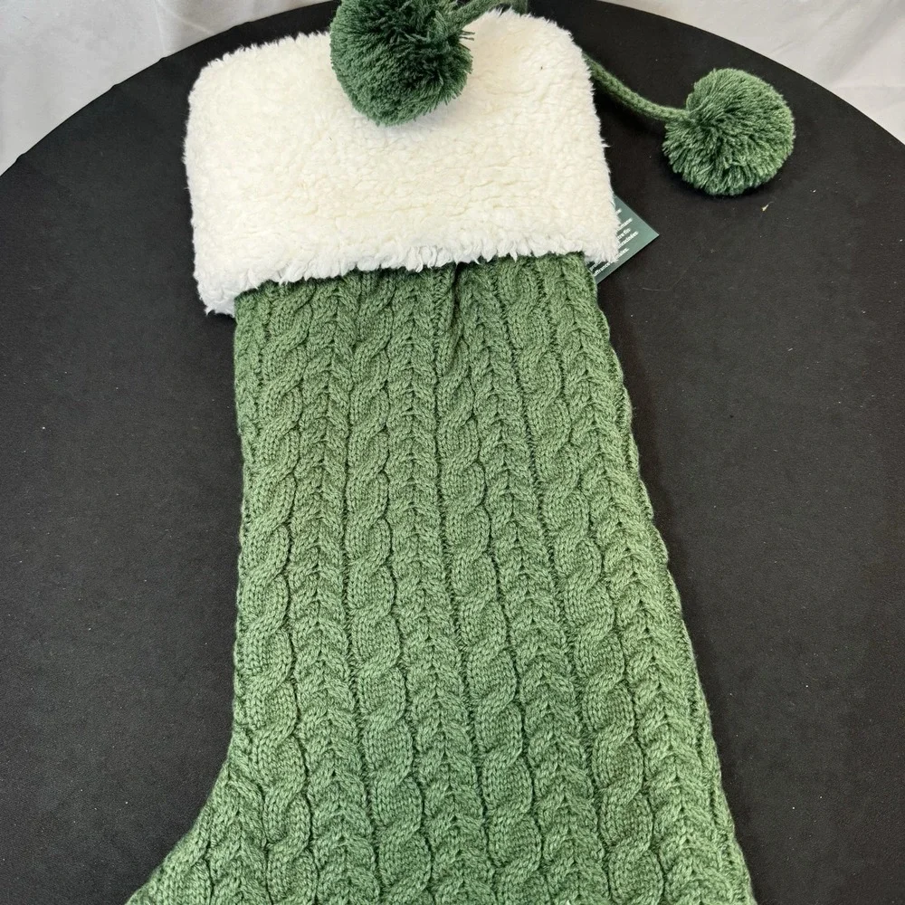 The Humane Society Green & White Paw Print Cable Knit Christmas Stocking 18